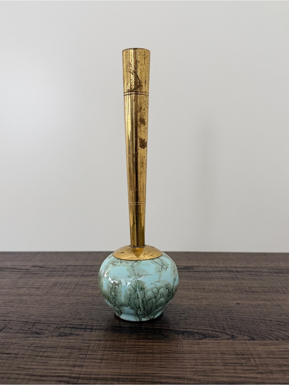 Vintage Delft Hand Painted MCM Brass Marbleized Ceramic Floral Bud Vase Art Deco - Picture 14 of 14